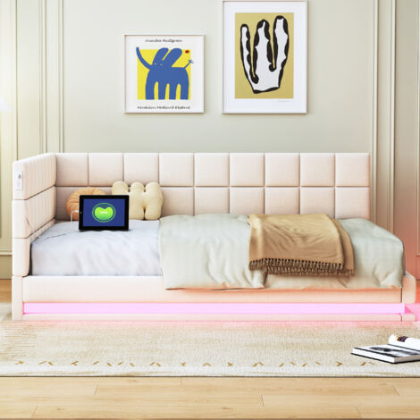 Canapé-lit LED Avec Prise USB – Lit Double 140x200 Cm, Sommier Lattes, Velours Beige Ou Gris