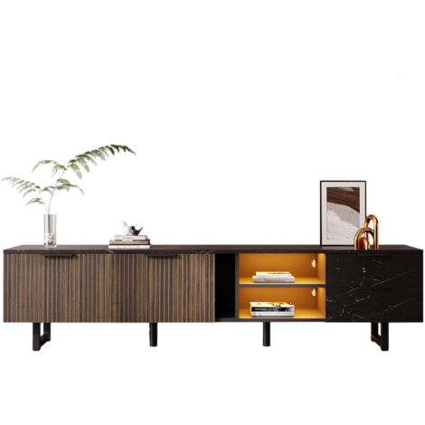 Meuble TV Moderne 175 X 31 X 41 Cm - Finition Bois Et Noir, éclairage LED 7 Couleurs - 3 Portes Et étagère Ouverte - Capacité De Charge 50 Kg