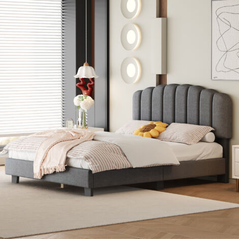 Redom – Lit rembourré 140 x 200 cm – Tête de lit réglable en lin – Sommier à lattes – Style minimaliste – Couleur gris (1/5)