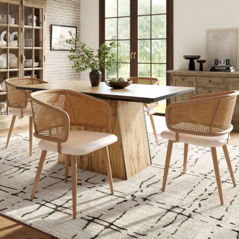 4 chaises de salle à manger, chaises de salle à manger avec dossier en rotin, coussin de siège en cuir PU, style confortable et respirant, moderne et simple, adaptées aux restaurants, salons et cafés (1/5)