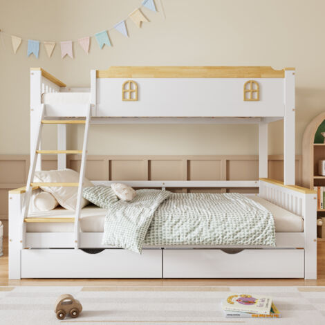 Lit Superposé Enfant 2 Tailles (90x200 & 140x200) Avec Rangements, Tiroirs, échelle Et Toit - Blanc Pin/MDF