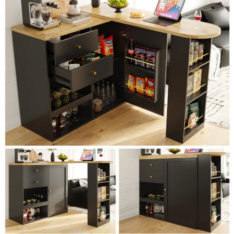 Redom – Bar à manger rotatif 360° – Dimensions 138 cm – 2 tiroirs – Meuble à portes coulissantes – 3 niveaux de rangement ouverts – Salle à manger/bureau/salon