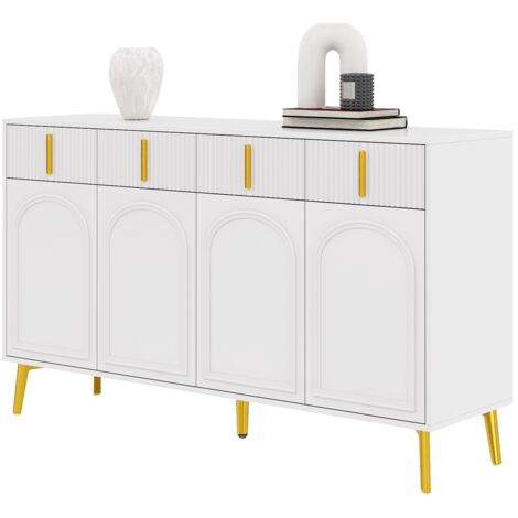 Buffet 4 Portes 4 Tiroirs Avec Pieds Dorés - 140 X 37.8 X 82 Cm - MDF Revêtu Mélamine - Rangement Salon Salle à Manger