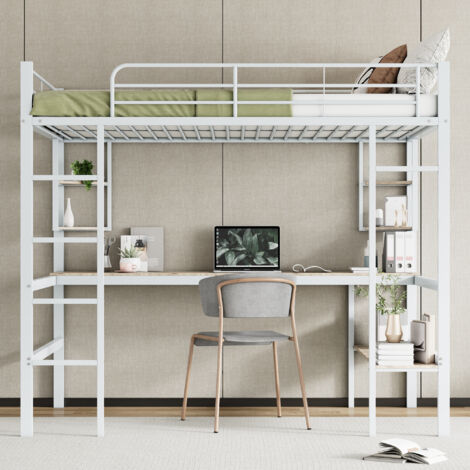 Letto a soppalco con scrivania, letto a soppalco 90x200 cm con ripiani, armadio a muro