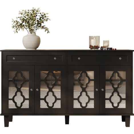 Buffet 4 portes + miroir Blanc brillant/Or à LED GOVE - buffet