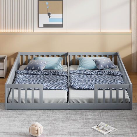 Lit capitonné 90 x 200 cm, lit enfant avec grille, sans sommier à lattes (sans matelas), pour famille avec deux enfants, bois de pin, style minimaliste, gris (1/5)