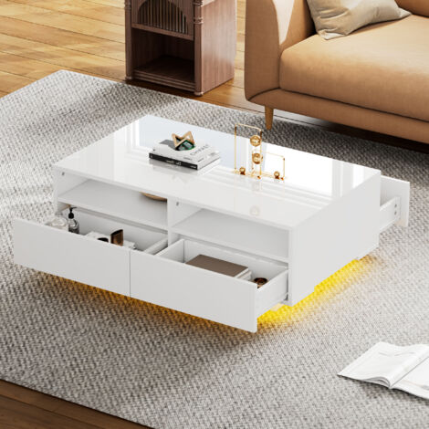 (=WF323712WAA)Table basse LED brillante avec 4 tiroirs, table de canapé, table de salon, table centrale moderne avec 16 couleurs de lumières LED pour salon, chambre à coucher, USB, blanc (1/5)