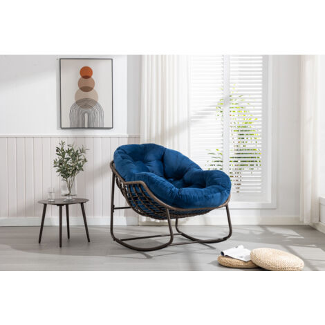 Redom – Chaise à bascule en rotin bleu marine – Fauteuil inclinable avec coussin rembourré – Pour porche, salon, patio, jardin – Résistant aux intempéries