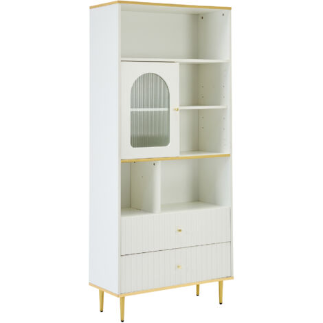 Bibliothèque Vitrine En Chêne Massif - 190x135x40 Cm - 3 étagères, Portes Et Tiroirs - Marron