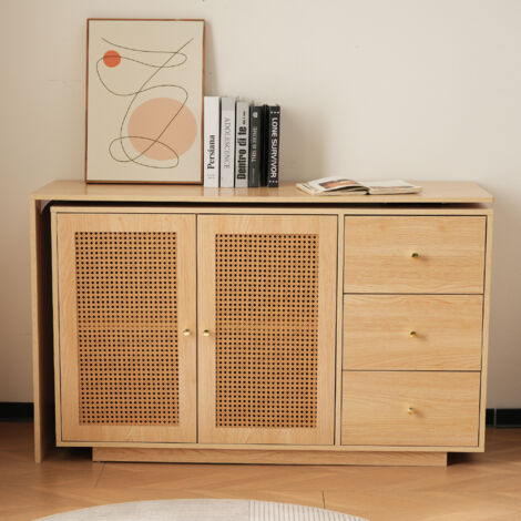 Bureau, table d'angle en L, table d'ordinateur avec portes en rotin, coiffeuse, blanc 126 cm