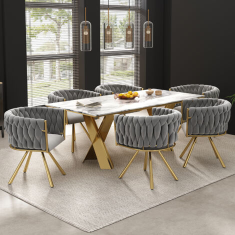Redom – Ensemble de 6 chaises pivotantes en velours gris et doré – Structure en métal – Confort optimal pour salle à manger et salon (1/5)