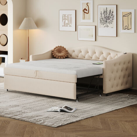 Lit capitonné, canapé-lit gigogne 90x200 cm, avec port USB, forme classique avec boutons avec sommier à lattes, lit multifonction - lit d'appoint, tissu en lin, beige (matelas non inclus) (1/5)