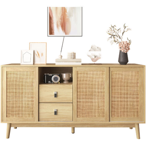 Redom – Buffet en rotin véritable 3 portes coulissantes – 2 tiroirs – Dimensions 155x38x80 cm – Finition bois foncé brillant – Meuble TV ou de rangement décoratif