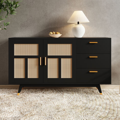 Buffet Salon Bas Moderne, Meuble d'Entrée Elégant à éclairage LED, 2 Portes 3 Tiroirs Etagère Ouverte, Blanc et Bois, 140x40x70cm - Maison