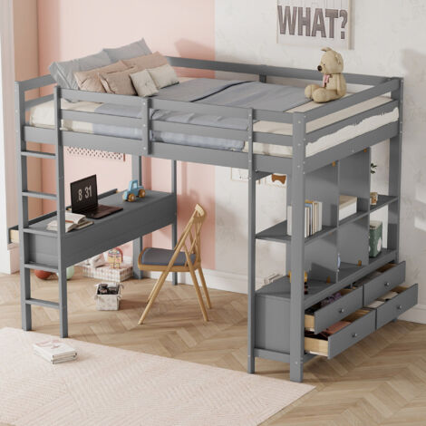 Lit Mezzanine Avec Bureau Et Rangements - 140x200 Cm, Blanc, Pin Et MDF - Pour Chambre Enfant Ou Ado