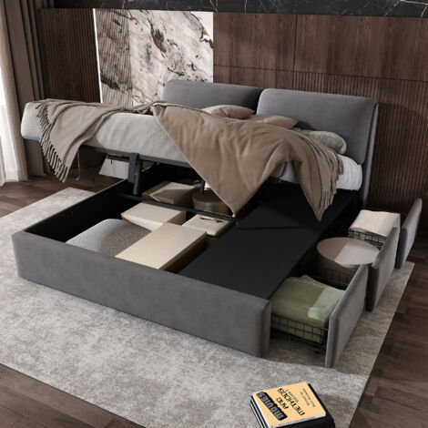 Lit coffre 180 x 200 cm, avec 3 tiroirs, tête de lit réglable, lit rembourré pour adultes, sans matelas, velours, gris (1/5)