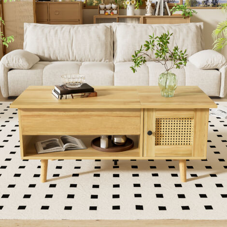Redom – Table basse relevable en bois naturel – Dimensions 103 L x 50 l x 46/60 H – Avec rangement intégré et design élégant