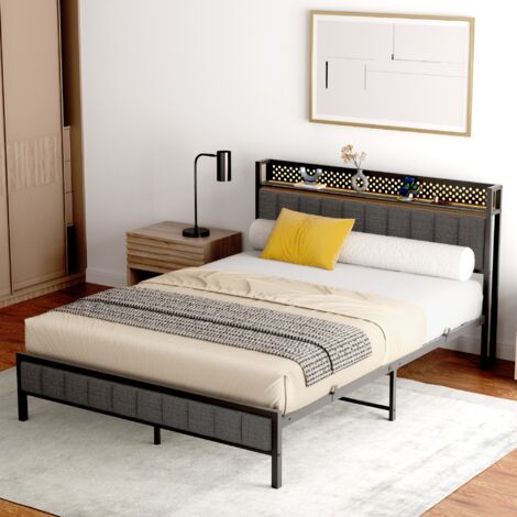 Lit adulte 140x200 cm, lit en métal avec rangement, sommier à lattes, port USB intégré, Noir (1/5)