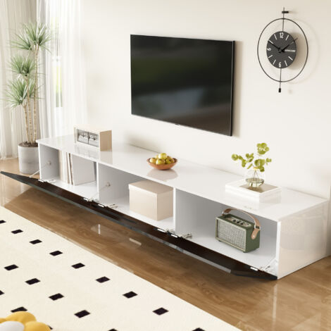 Meuble TV moderne 180x35x30 cm, finition brillante, avec éclairage LED 16 couleurs, fixation murale, Couleur Blanc + Noir (1/5)