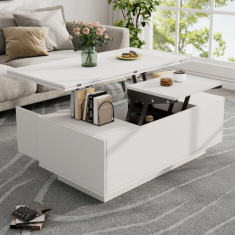 Table Basse Relevable Avec Rangement Caché - Design 4 En 1 (table Café, Bureau, Repas, Rangement) - En Bois, Couleur Blanc - Multifonction Pour Salon