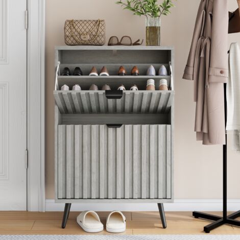 Meuble à chaussures caché, 2 tiroirs rabattables, convient pour entrée, couloir, salon et armoire, gris, 60x24x94 cm (1/5)