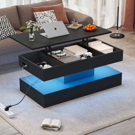 Table basse moderne avec éclairage LED et rangement caché - table d'appoint avec élévateur hydraulique, 100x50x42 cm, noir (1/5)