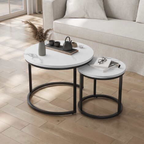 Ensemble table basse gigogne, table d'appoint ronde, structure métal noir, finition marbre blanc, 60x60x45 cm + 40x40x40 cm (1/5)