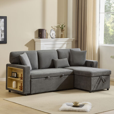 Canapé L Convertible, Canapé 3 en 1 (Lit + Rangement + USB), Extensible, Idéal Petits Salons, Gris foncé (1/5)
