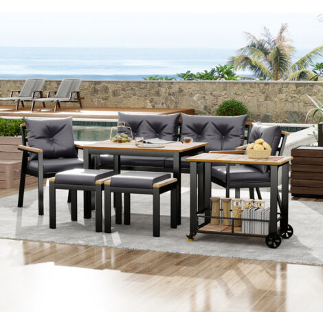 Ensemble table et chaises de jardin, pour 6 personnes, chariot, coussins, structure en métal, plateau en bois, Noir+Gris, Naturel (1/5)