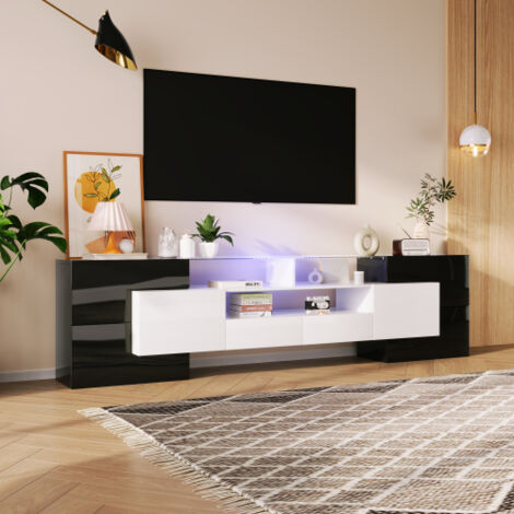 Meuble TV moderne, Armoire TV de rangement 200x35x60 cm, table TV avec plateau en verre, éclairage LED, MDF, blanc brillant et noir (1/5)