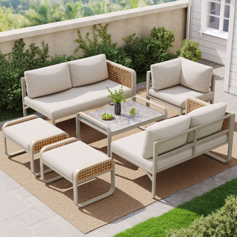 Ensemble de salon jardin rotin 6-7 places coin fer galvanisé beige