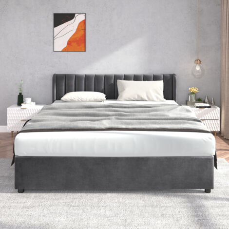 Lit adulte 180x200cm avec 2 tiroirs - lit 2 places avec sommier et tête de lit capitonnée - velours - gris (sans matelas) (1/5)