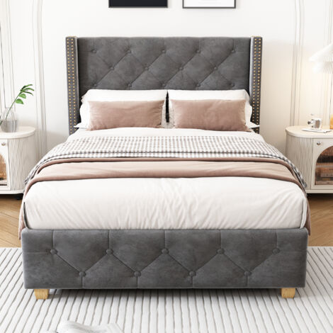 Lit enfant 90x200 cm avec tête de lit capitonnée - lit simple avec pieds et sommier - velours - gris (sans matelas) (1/5)