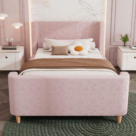 Lit enfant 90x200 cm - lit simple avec sommier et tête de lit capitonnée - velours - rose (sans matelas) (1/5)