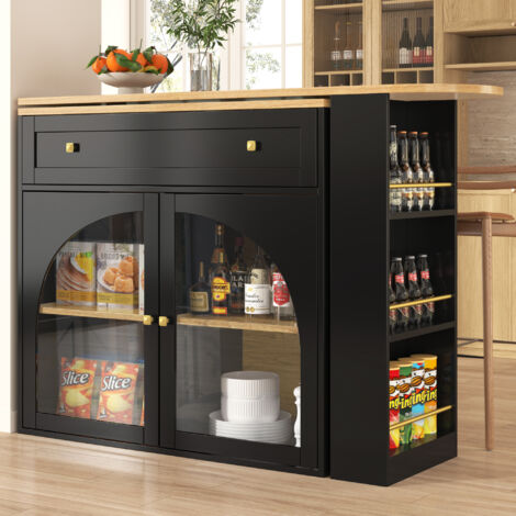 Redom – Table de bar rotative 360° – Meuble bar noir MDF avec tiroirs et 2 portes en verre – Longueur 138-204 cm – Hauteur 104 cm – Largeur 39 cm