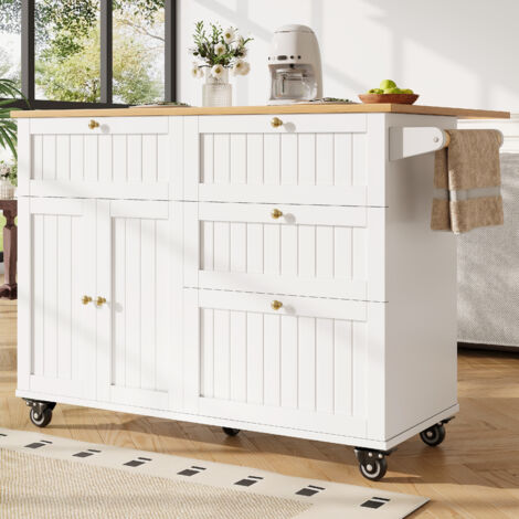 Îlot central cuisine avec 3 tiroirs et pliable plan - desserte en blanc MDF 133x70x88 cm