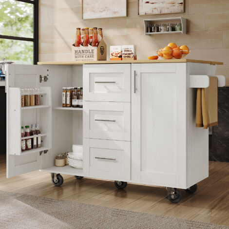 Desserte de cuisine avec 3 tiroirs - Îlot pliable avec porte-serviettes en MDF noir - 135x(46-74)x90.8cm (1/5)