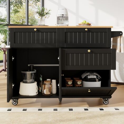 Îlot central cuisine avec 3 tiroirs et pliable plan - desserte en noir MDF 133x70x88 cm