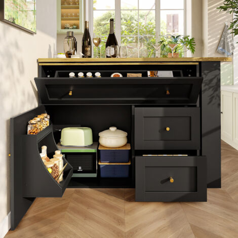 Redom – Table de bar cuisine extensible 138-204x39x105cm – MDF noir avec étagère snack et 2 tiroirs – Design moderne pour espaces conviviaux