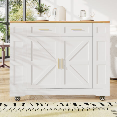 Desserte de cuisine extensible Îlot central avec plan de travail et 3 tiroirs - blanc MDF - 120x(40-60)x90 cm