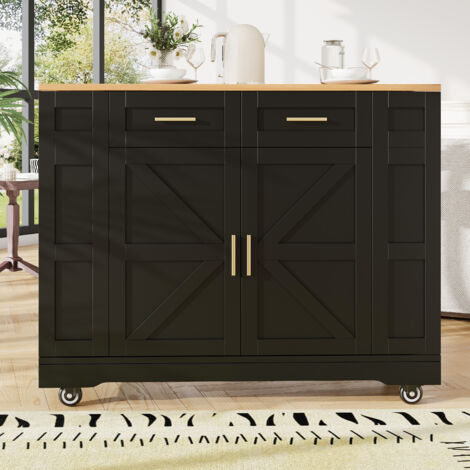 Desserte de cuisine extensible Îlot central avec plan de travail et 3 tiroirs - noir MDF - 120x(40-60)x90 cm