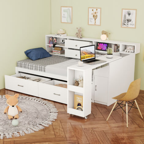REDOM Lit enfant 90x200 cm avec 2 tiroirs prise électrique bureau coulissant structure en bois blanc (Sans matelas)