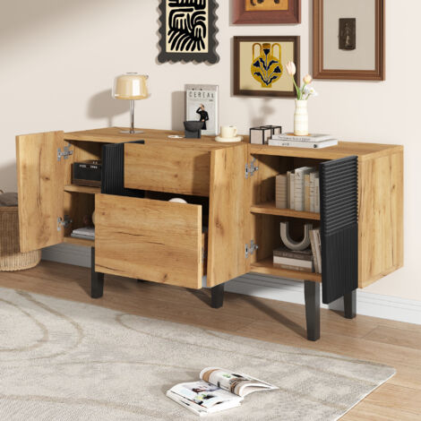 Buffet 4 portes et 2 tiroirs 140x40x70cm Pieds en bois noir structure Panneau de particules couleur naturelle