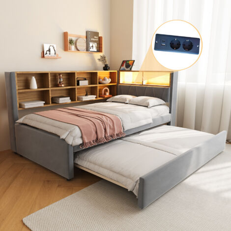 Lit gigone 90x200/190cm multifonction LED ports de recharge flanelle gris foncé (Sans matelas)