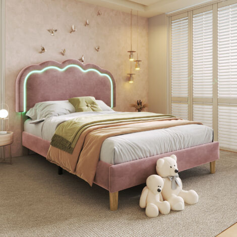 Lit simple 90x190cm Tête de lit capitonnée LED éclairage ambiant velours réglable Rose (Sans matelas) (1/5)