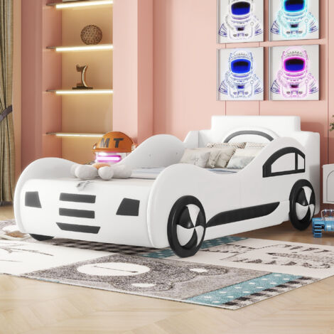 Lit enfant 90x200cm design voiture confortable rangement PU sécurité enfant blanc (Sans matelas) (1/5)
