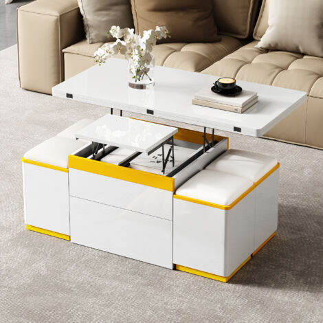 REDOM Table basse 100x50x43 cm relevable et extensible MDF et avec rangement et 4 tabourets Blanc (1/5)