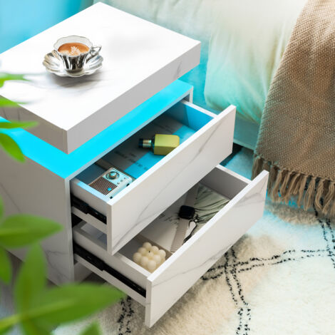 Table de chevet avec LED multicolore réglable 2 tiroirs rangement spacieux bois manufacturé blanc mat (1/5)