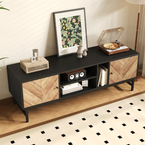 Meuble TV 150x38x55cm design contrasté panneau de particules et métal avec rangements Noir et couleur naturelle (1/5)