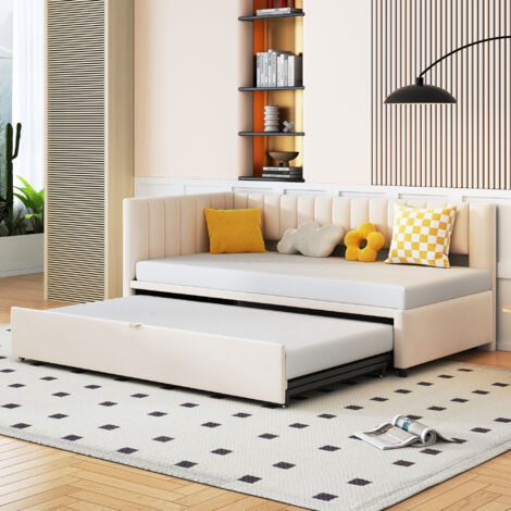 Lit simple 90x200cm avec gigogne gain de place confortable velours Beige (Sans matelas) (1/5)